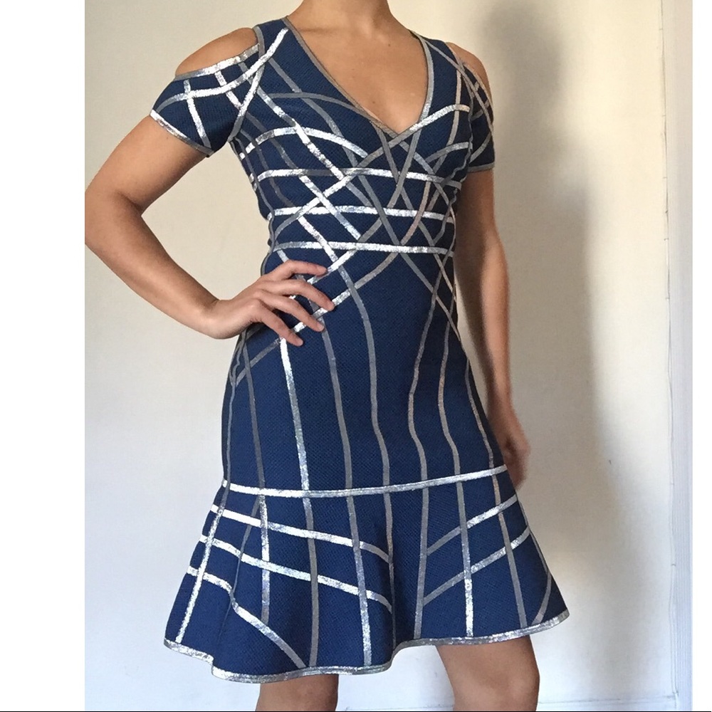 HERVE LEGER blue & silver cocktail dress